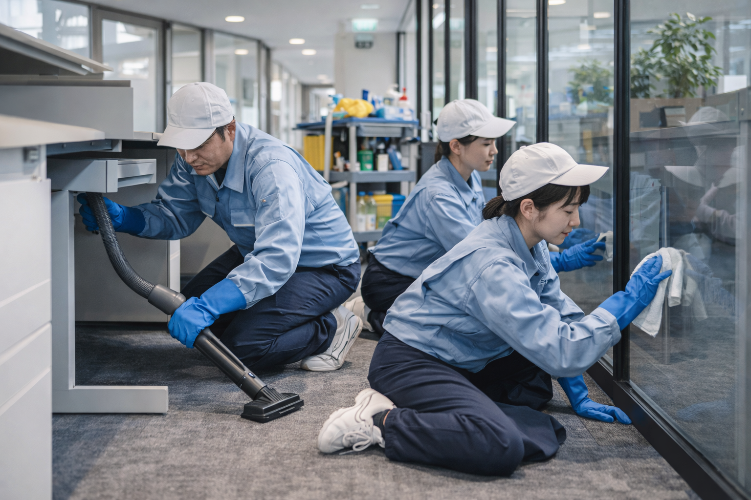 オフィスで清掃作業を行う清掃スタッフ